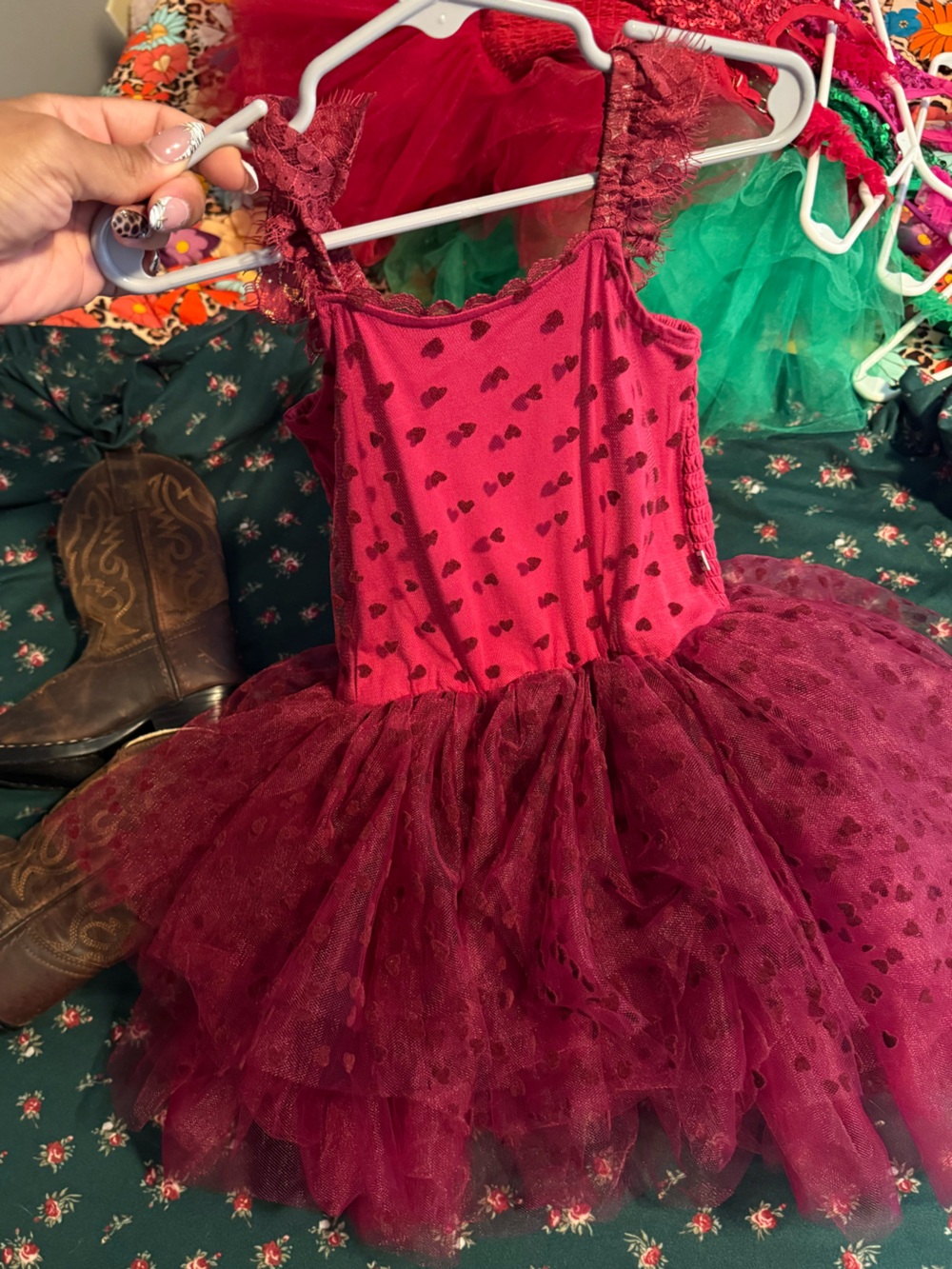 Bums and Roses Girls Burgundy Tulle Heart Dance Costume
